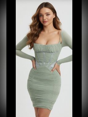 HOUSE OF CB 'Freyja' Green Gathered Corset Dress /Size XS-US 2-4 $239